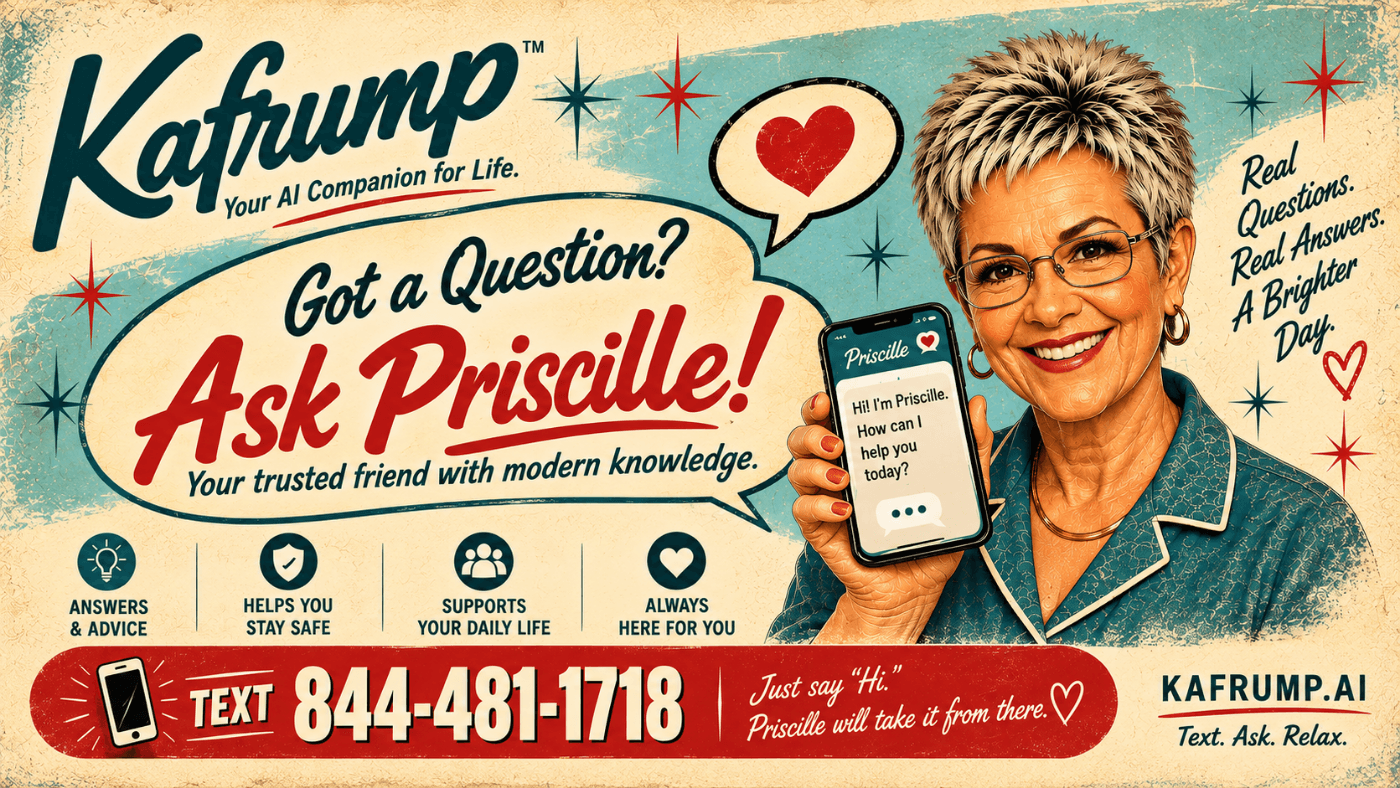 Kafrump illustration: Priscille holds a phone, with the words "Got a Question? Ask Priscille!" Text 844-481-1718 or visit kafrump.ai.